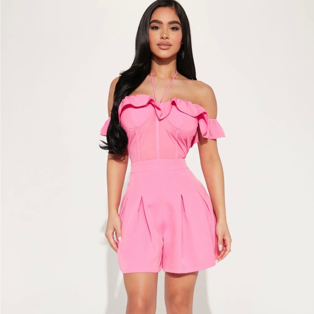 Fashion nova pink mesh halter romper